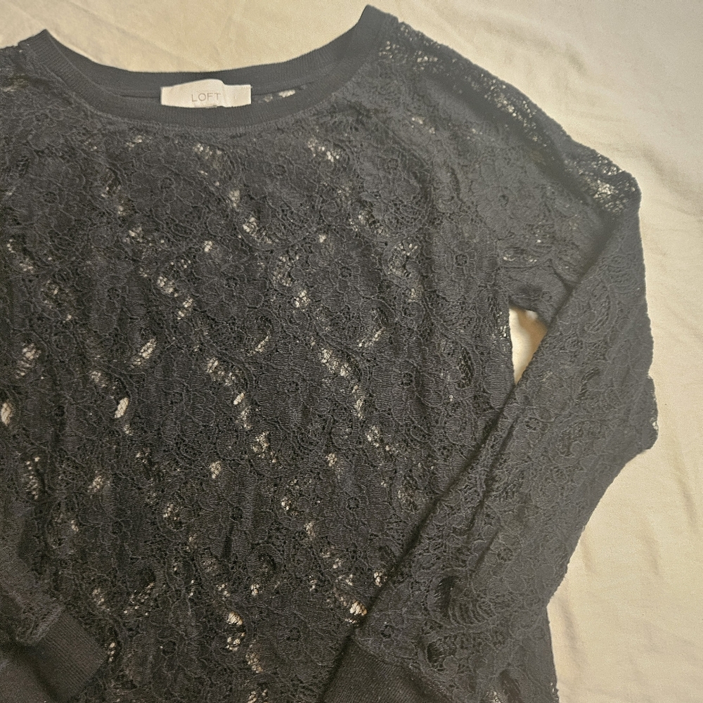LOFT Black Lace Crochet Sheer Pullover Top Sweater Women's Size Small
